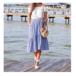 J crew Factory blue and white stripe ruffle wrap tie skirt, size: 0